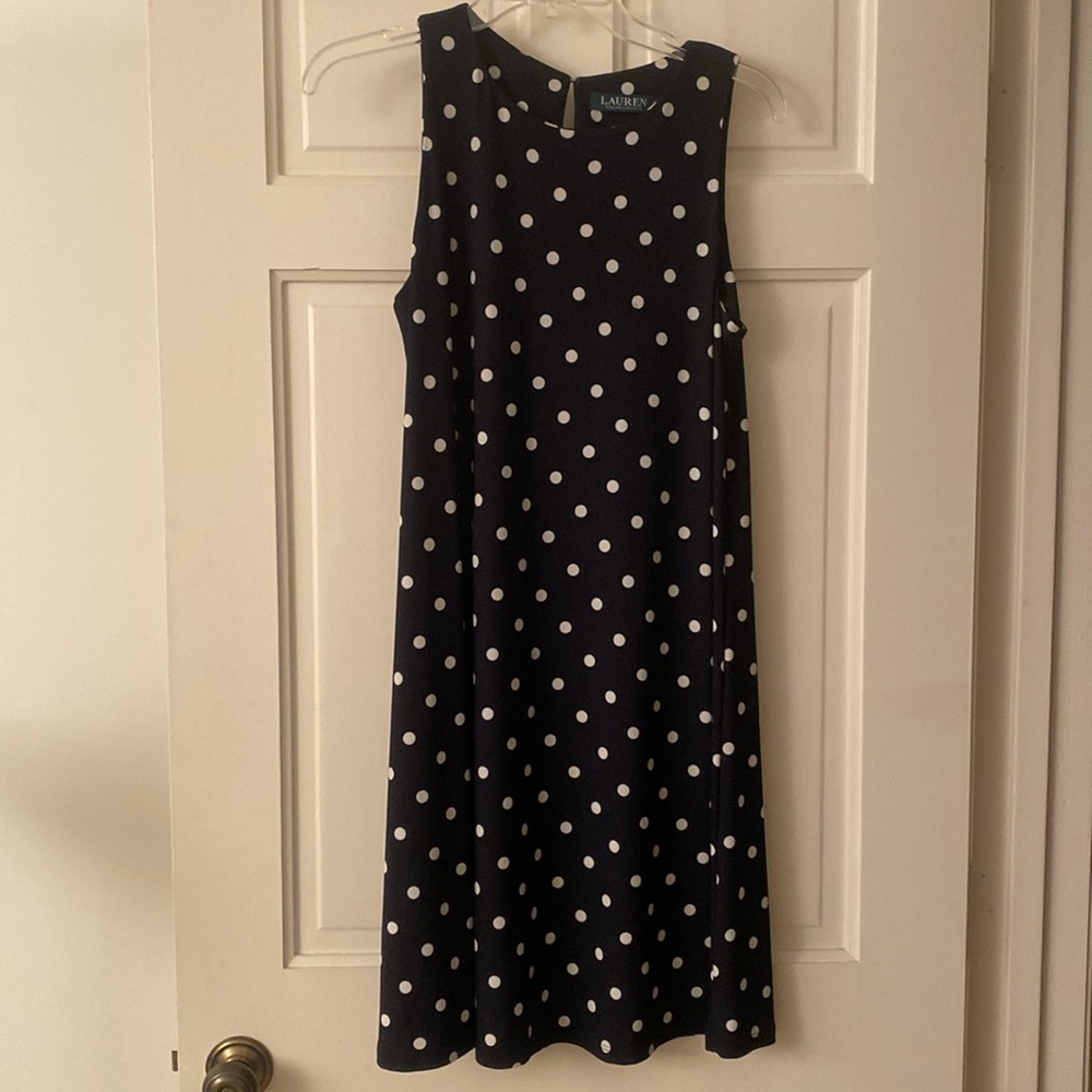 Lauren navy and white polka dotted A line dress